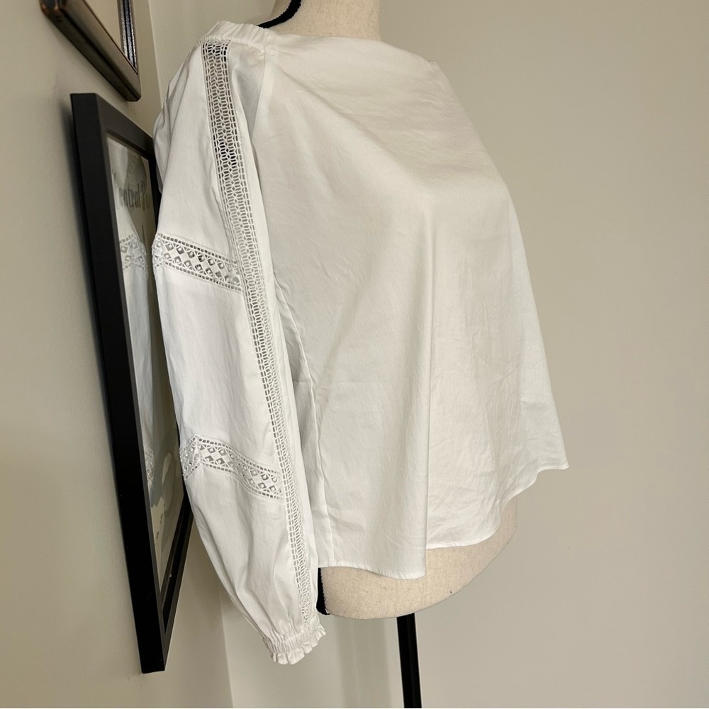 White House Black Market White Blouse with Eyelet Puff Sleeves - Picture 2 of 7
